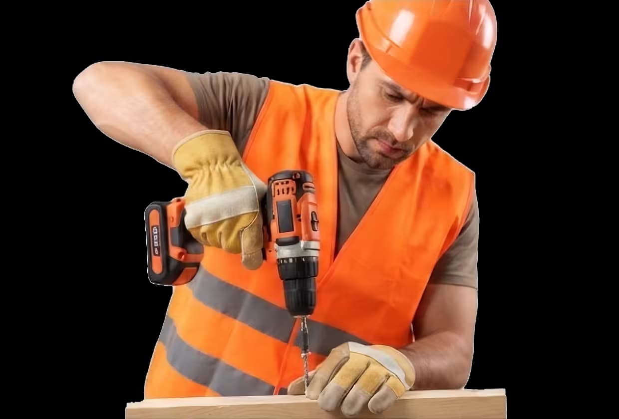 Trabajador con equipo de protección naranja usando una herramienta eléctrica