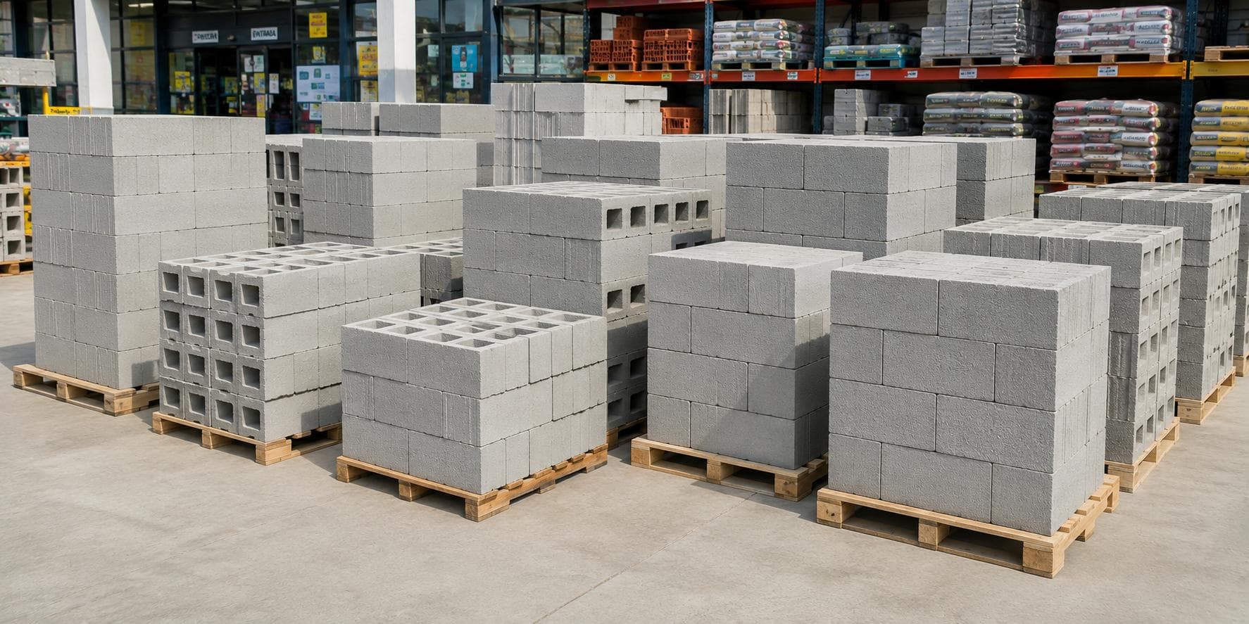 Bloques de concreto apilados sobre paletas en el patio de la ferretería.