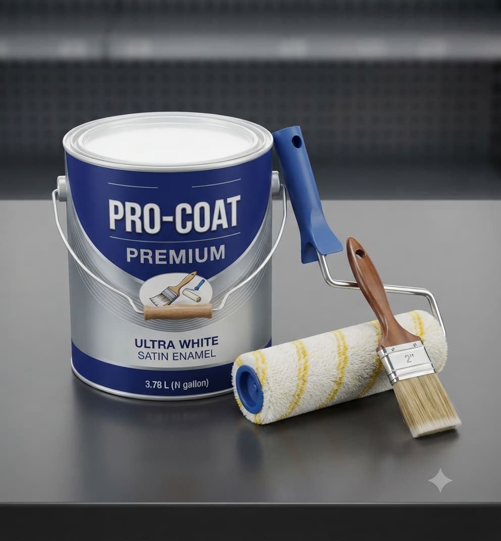 Latas de pintura con rodillo y brocha.